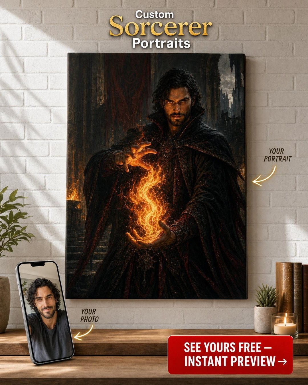 Fire Mage Custom Portrait from Photo | Personalized Canvas Gift
