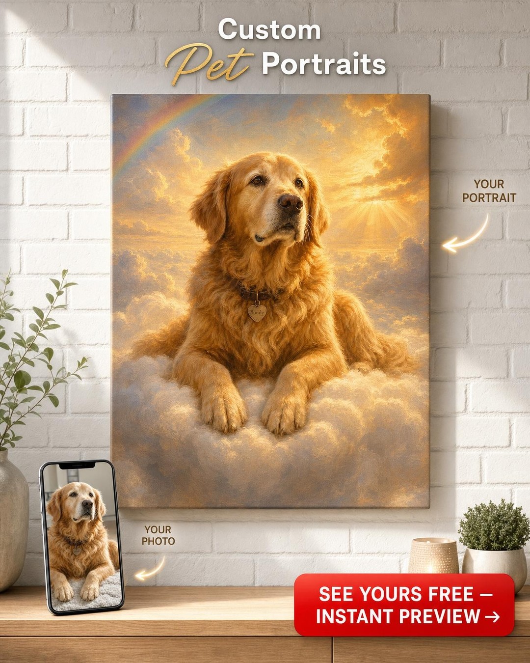 Custom Memorial Pet-Dog Portrait — Golden Retriever in Clouds from Photo
