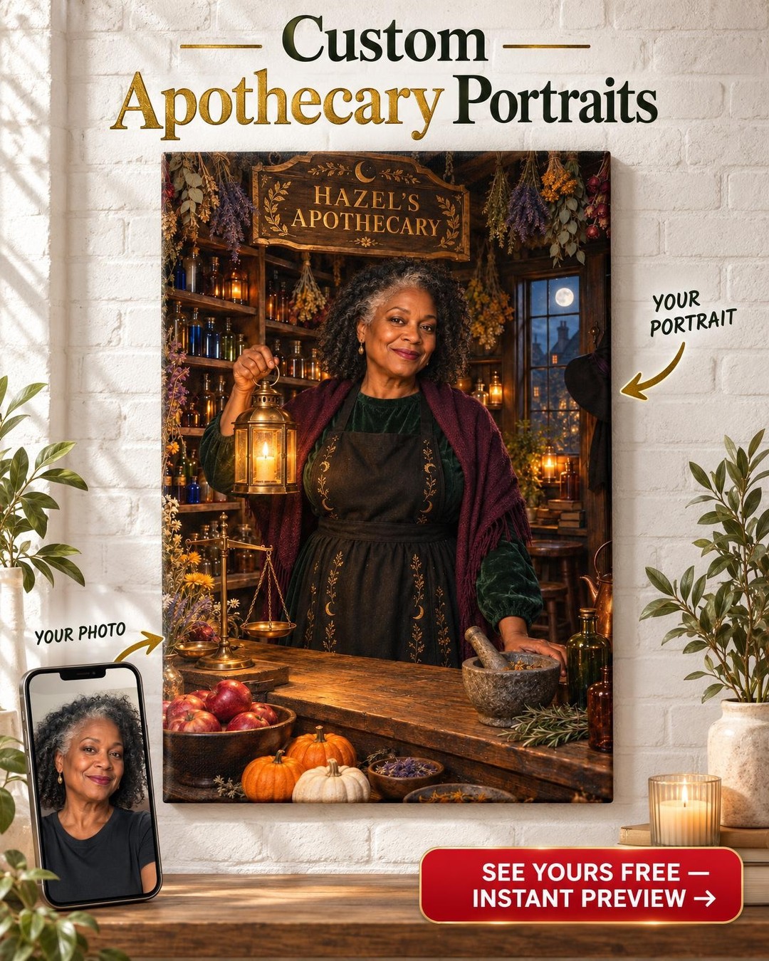 Kitchen Witch Custom Portrait from Photo | Personalized Witch Portrait Gift