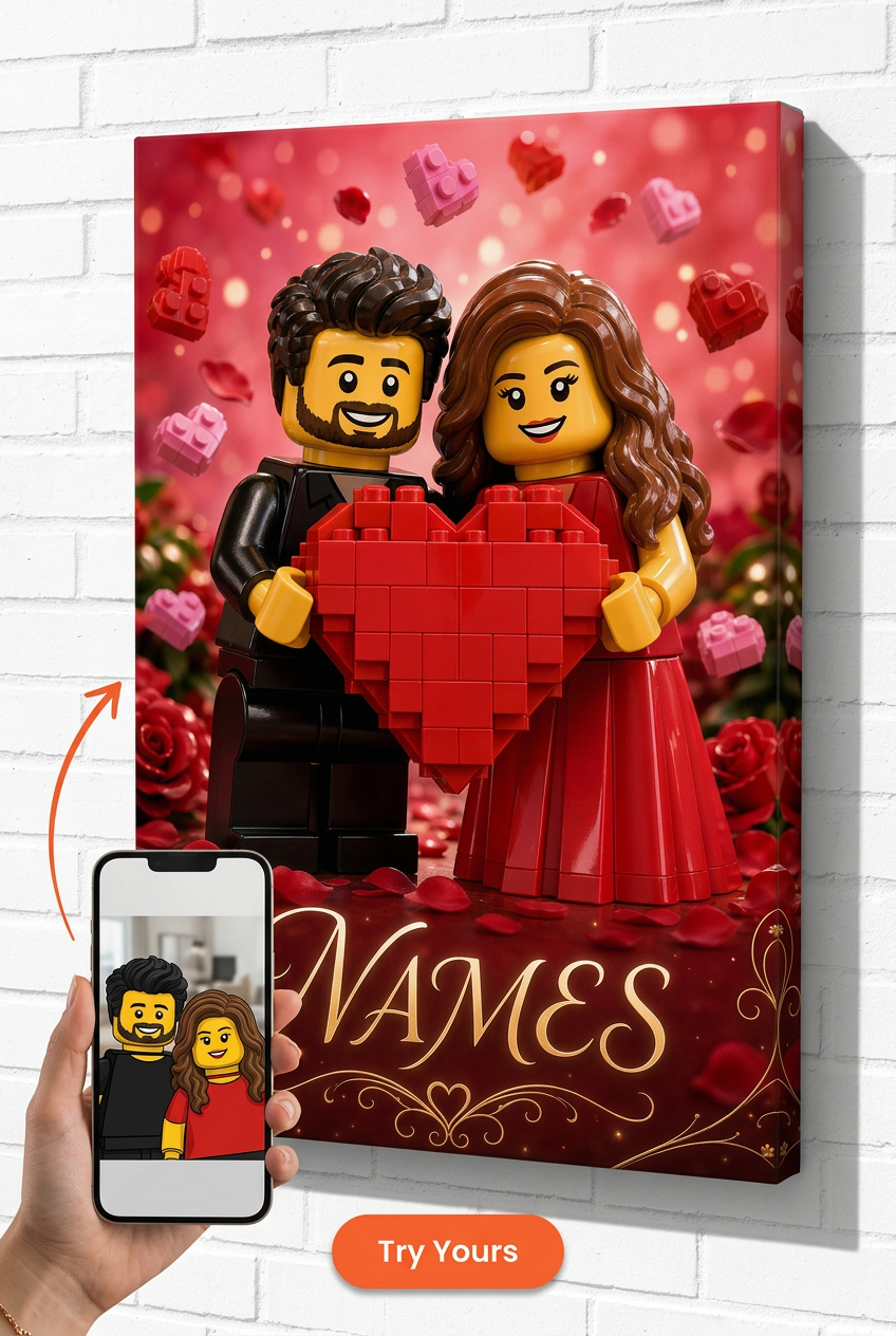 Custom Brick Minifigure Valentine Heart Couple Portrait from Photo | Personalized Gift