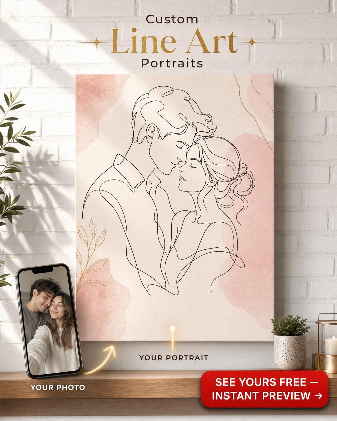 Line Art Couple Portrait — Romantic Minimalist Canvas from Photo