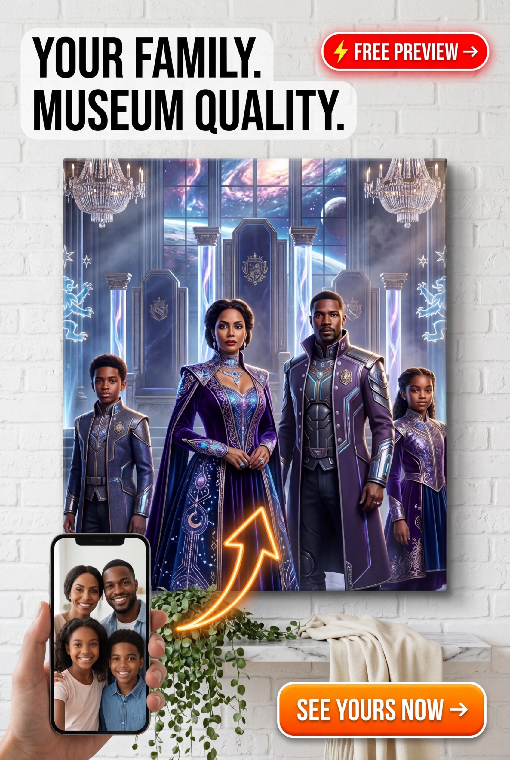 Custom Sci-Fi Family Portrait — Regal Throne Canvas from Photo