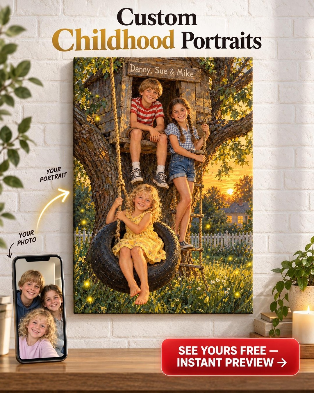 The Treehouse with Their Names Siblings Custom Portrait from Old Photo | Personalized Gift for Siblings