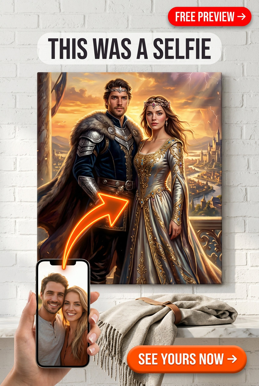 Custom Royal Couple Portrait — Regal Throne Canvas from Photo