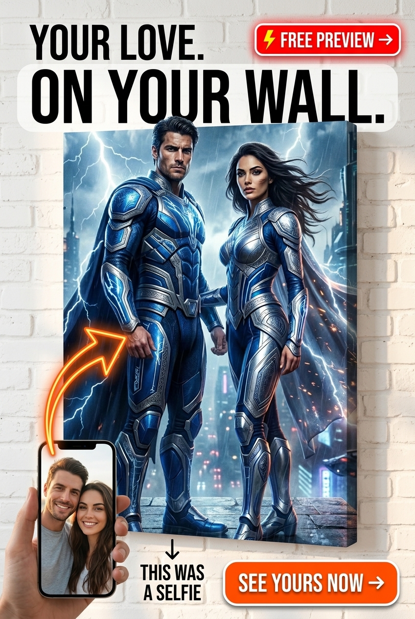 Custom Superhero Couple Portrait — Dynamic Heroic Canvas from Photo