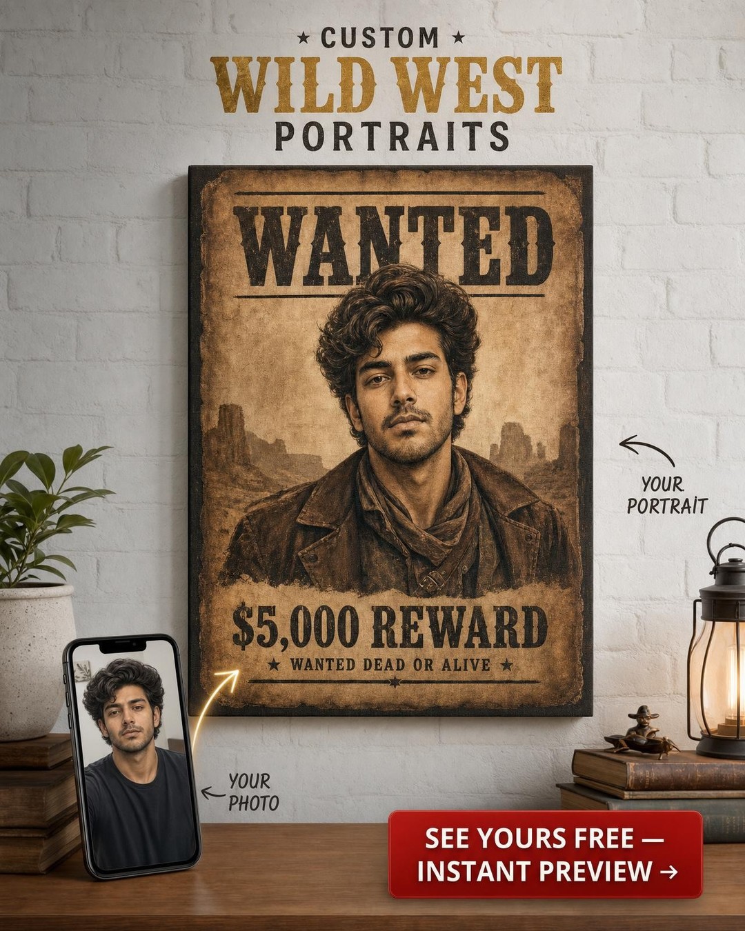 Vintage Sepia Wanted Poster Custom Portrait from Photo | Personalized Canvas Gift