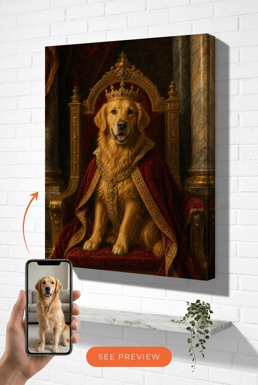 Custom Royal Dog Portrait — Heroic Golden Retriever Canvas