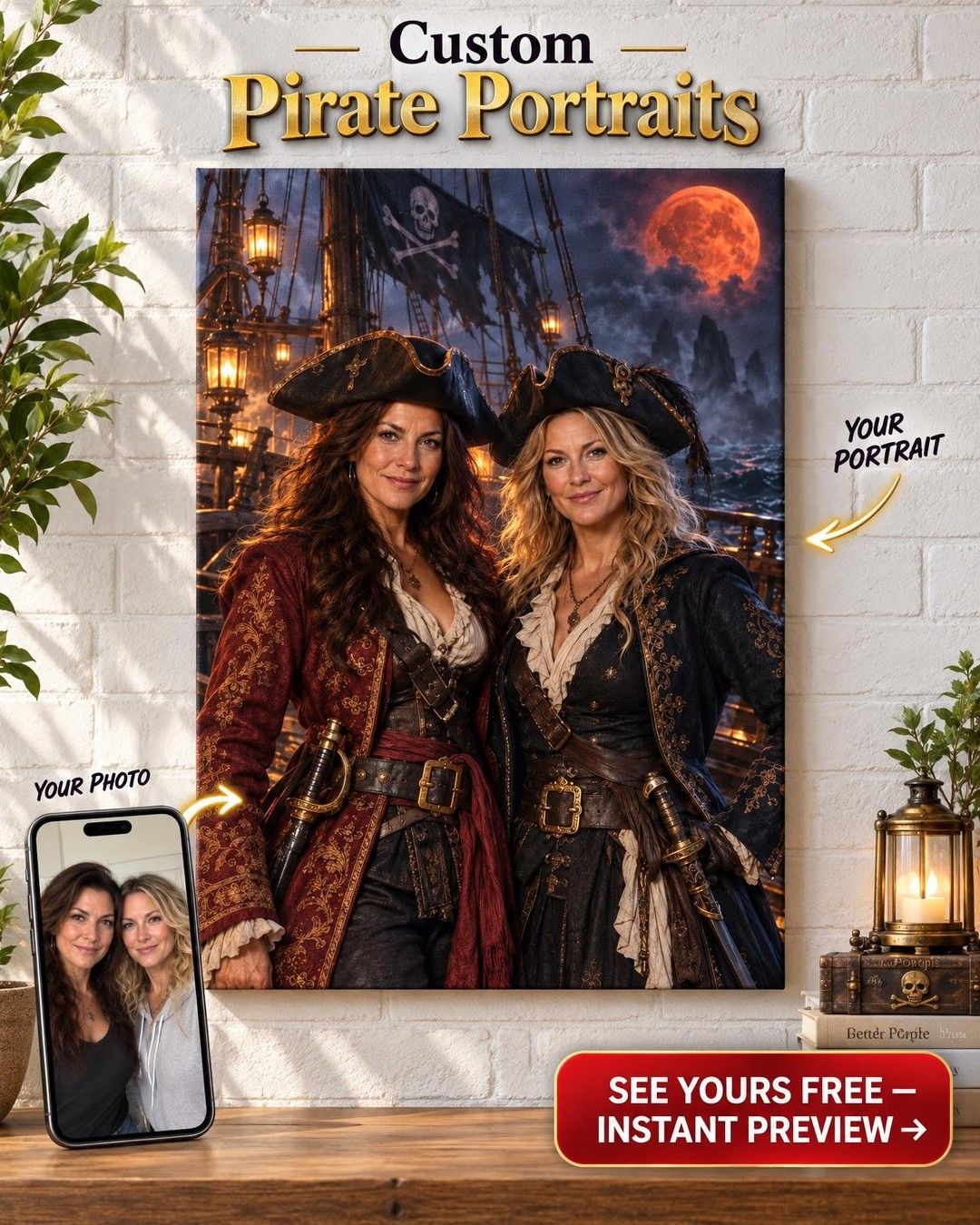 Ghost Pirate Ship Portrait on Canvas