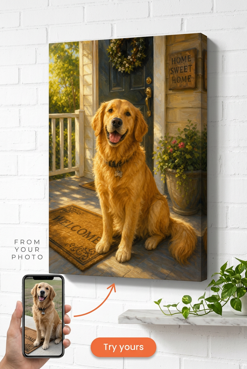 Pet at New Home Custom Portrait from Photo | Personalized Gift Canvas