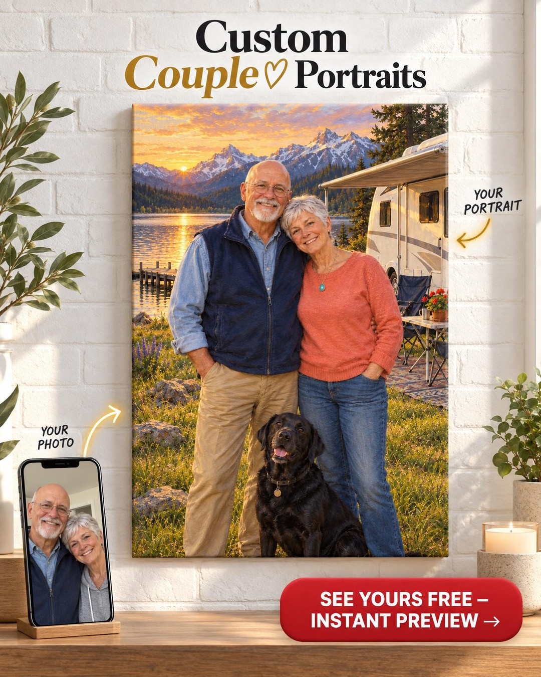 Our Happy Place Motorhome Couple Custom Portrait from Photo | Personalized Camping Portrait Gift