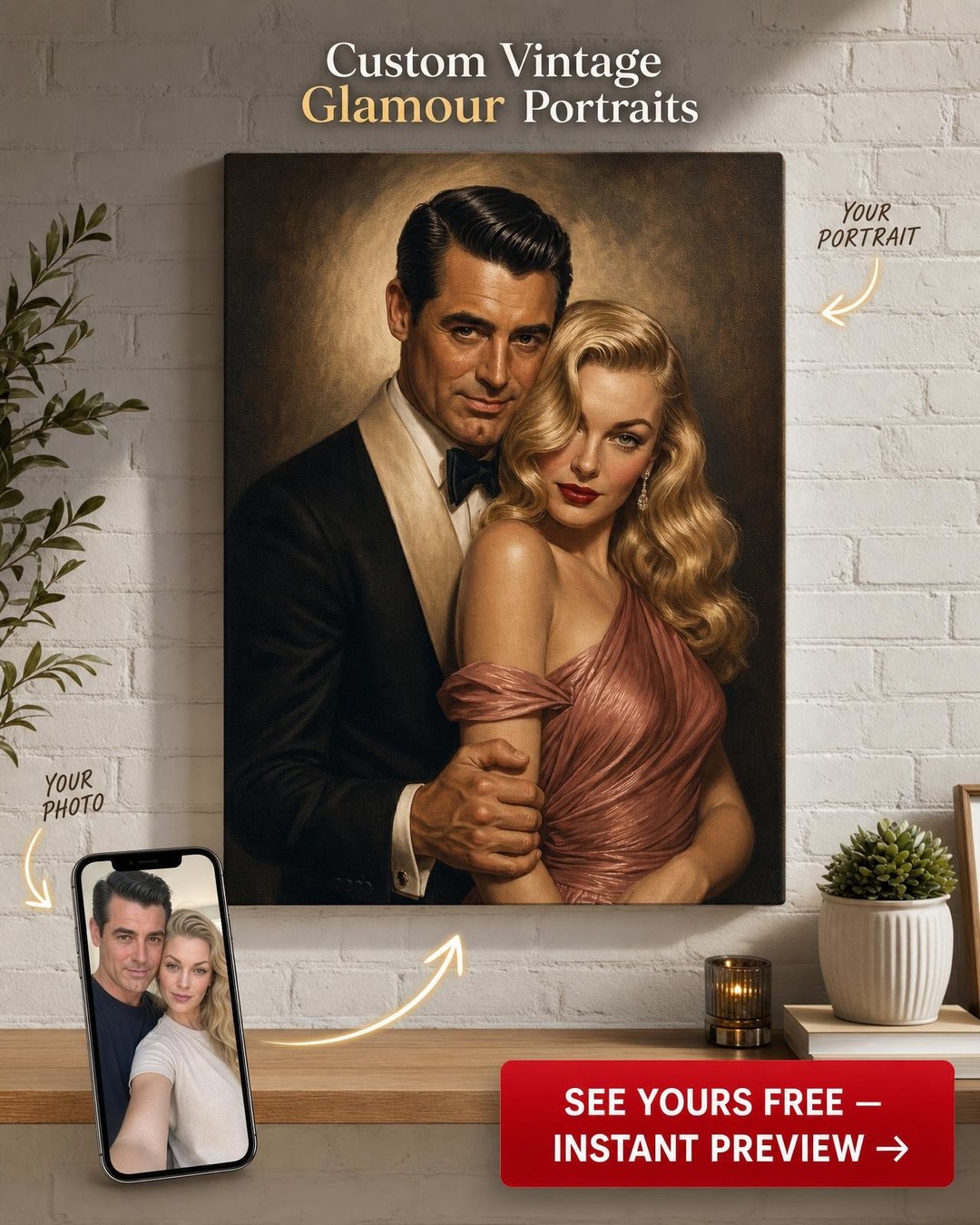 Classic Hollywood Glamour Custom Portrait | Premium Canvas Portraits