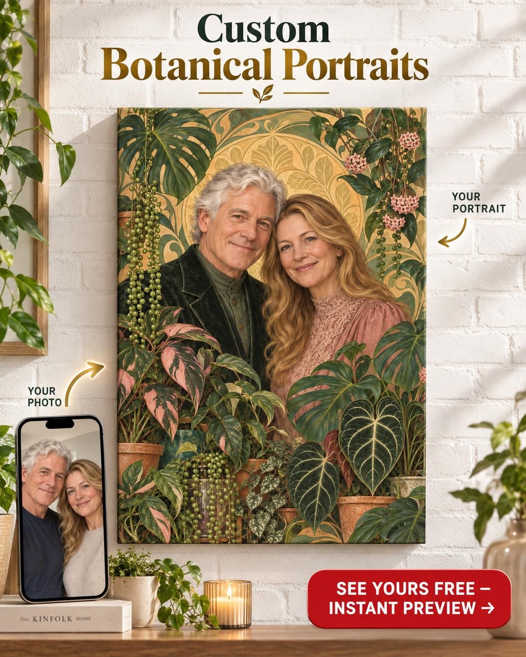 Art Nouveau Botanical Couple Custom Portrait from Photo | Personalized Houseplants Portrait Gift