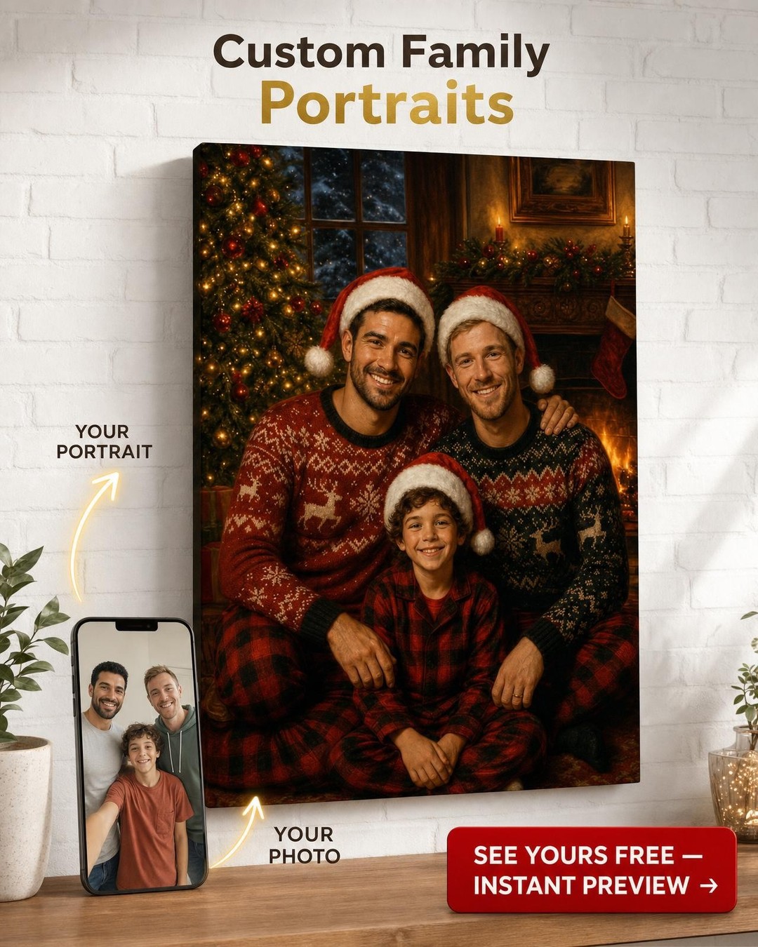 Custom Christmas Family Portrait — Whimsical Fireplace Canvas from Photo