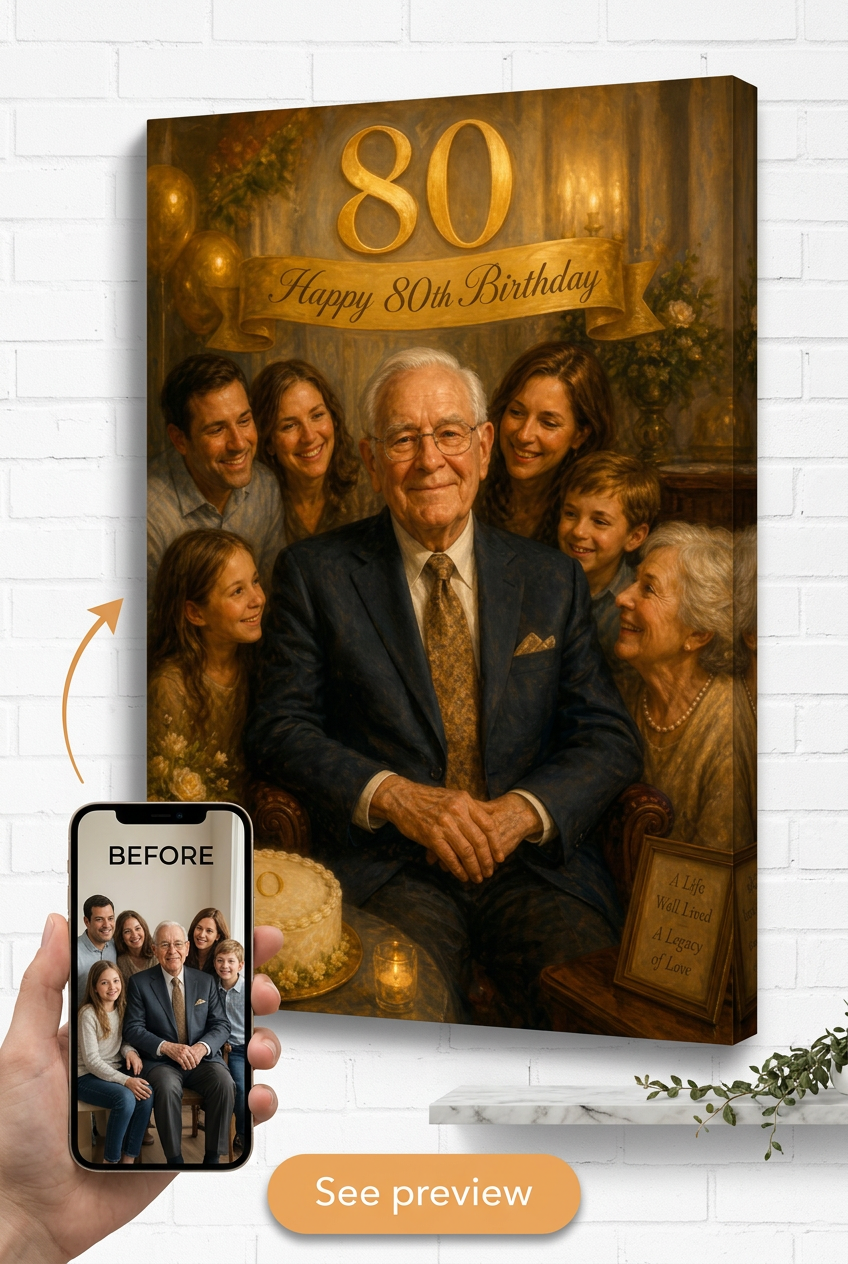Custom Birthday Family Portrait — 80th Milestone Canvas from Photo