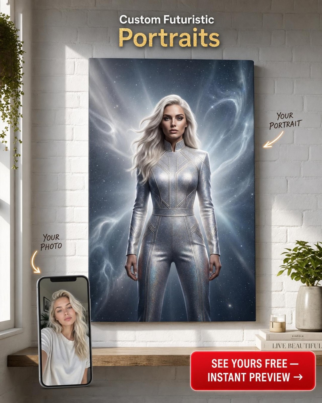 Custom Sci-Fi Portrait — Regal Woman in Silver Suit & Glowing Wings Canvas