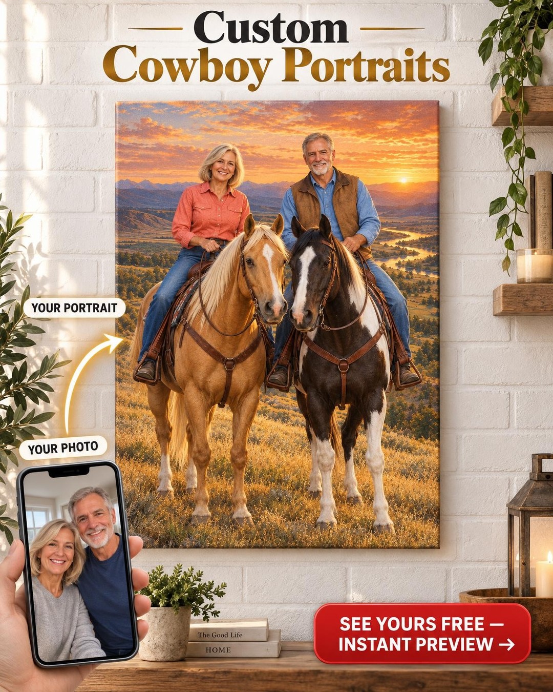 Couple on Horseback at Sunset Custom Portrait from Photo | Personalized Horse and Rider Gift