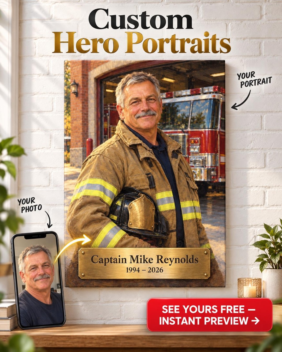Firefighter Retirement Nameplate Custom Portrait from Photo