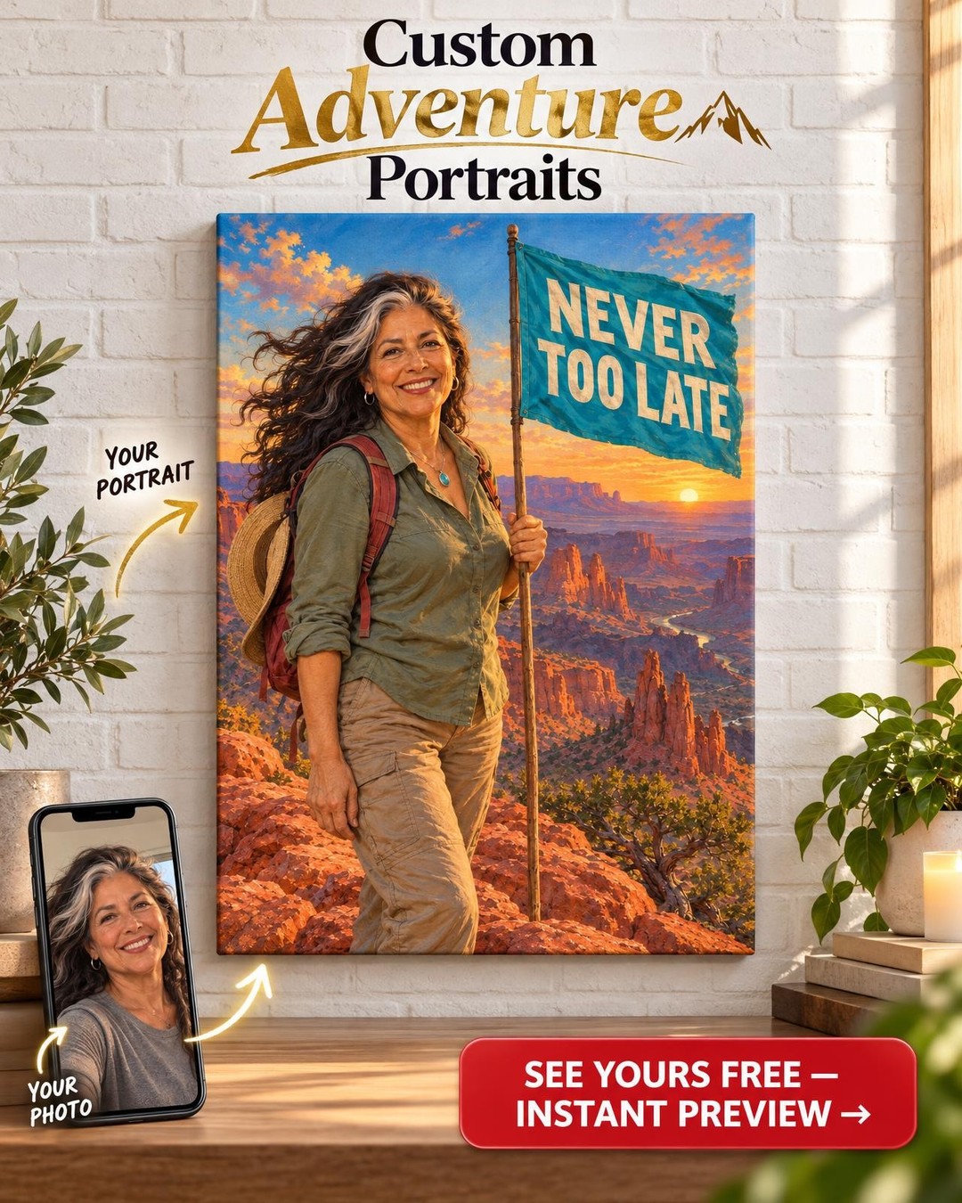 Red-Rock Summit Custom Portrait from Photo | Personalized Summit Portrait Gift
