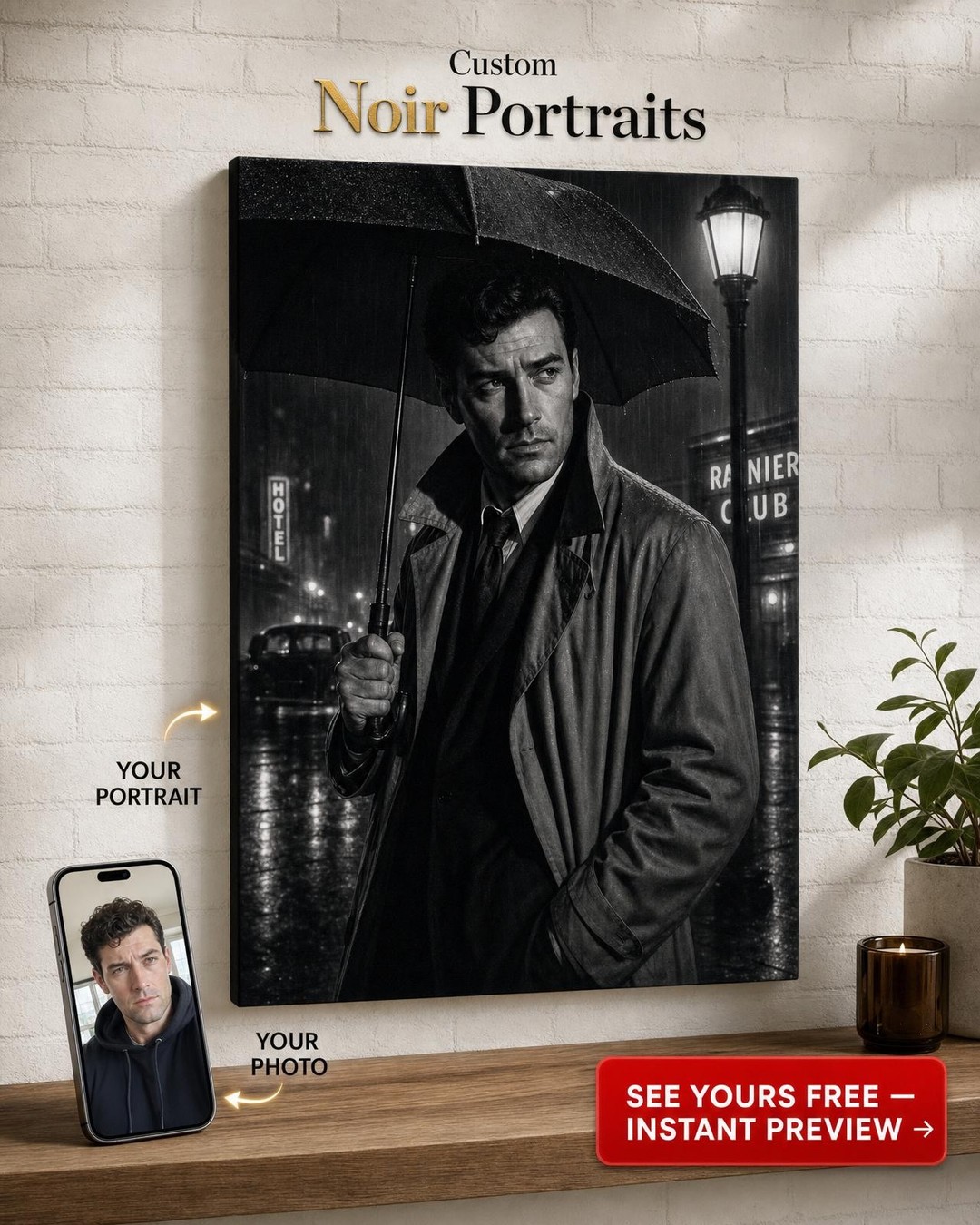 Rainy Street Film Noir Custom Portrait from Photo | Personalized Canvas Gift