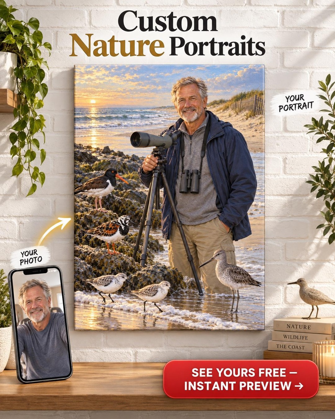 Shorebird Spotting Scope Custom Portrait from Photo | Personalized Birdwatching Portrait Gift