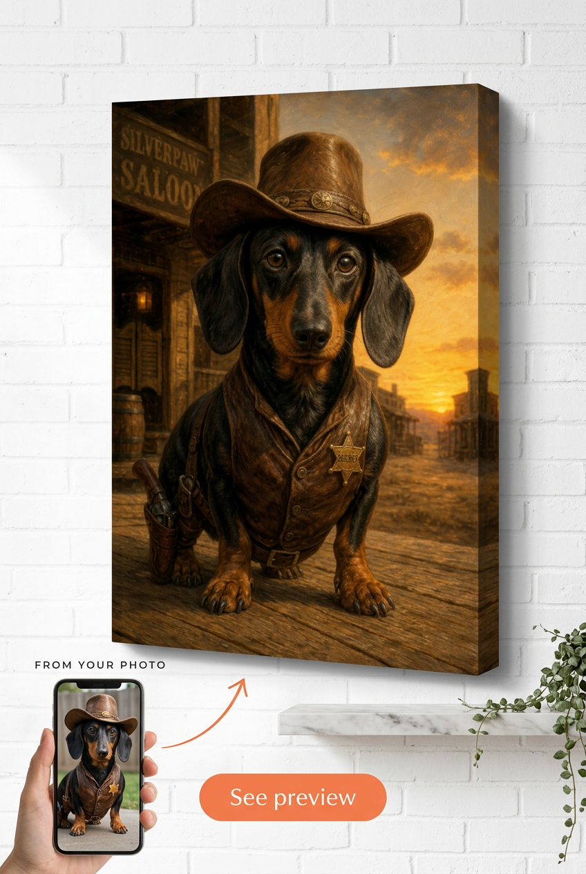 Custom Cowboy Dog Portrait — Heroic Pet Canvas from Photo