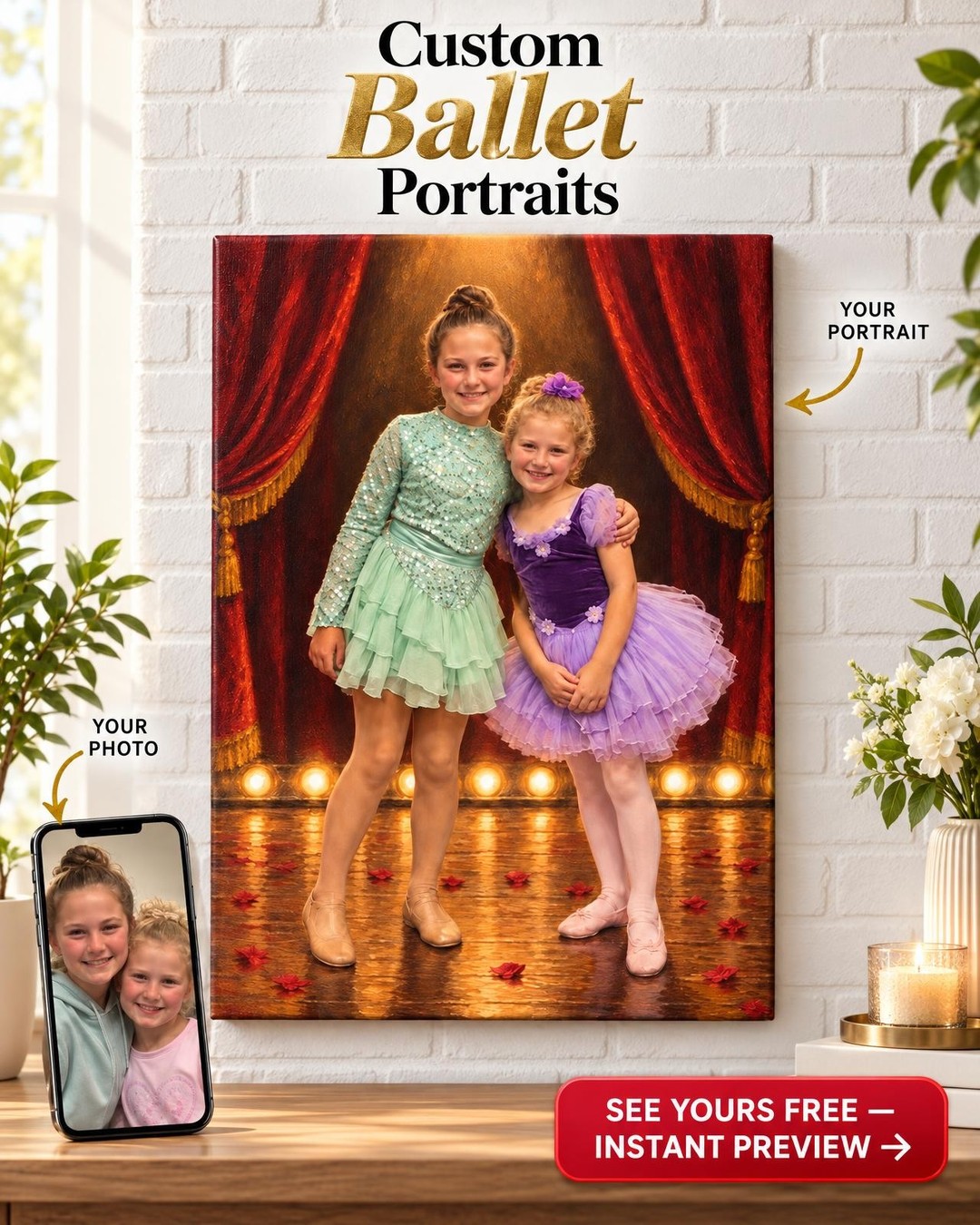 Dance Siblings on Stage Custom Portrait from Photo | Personalized Dance Recital Gift