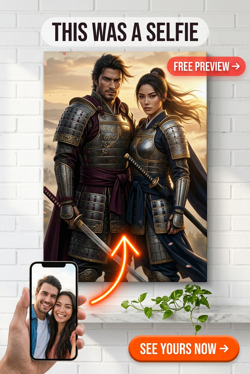 Custom Samurai Couple Portrait — Heroic Armor Canvas from Photo