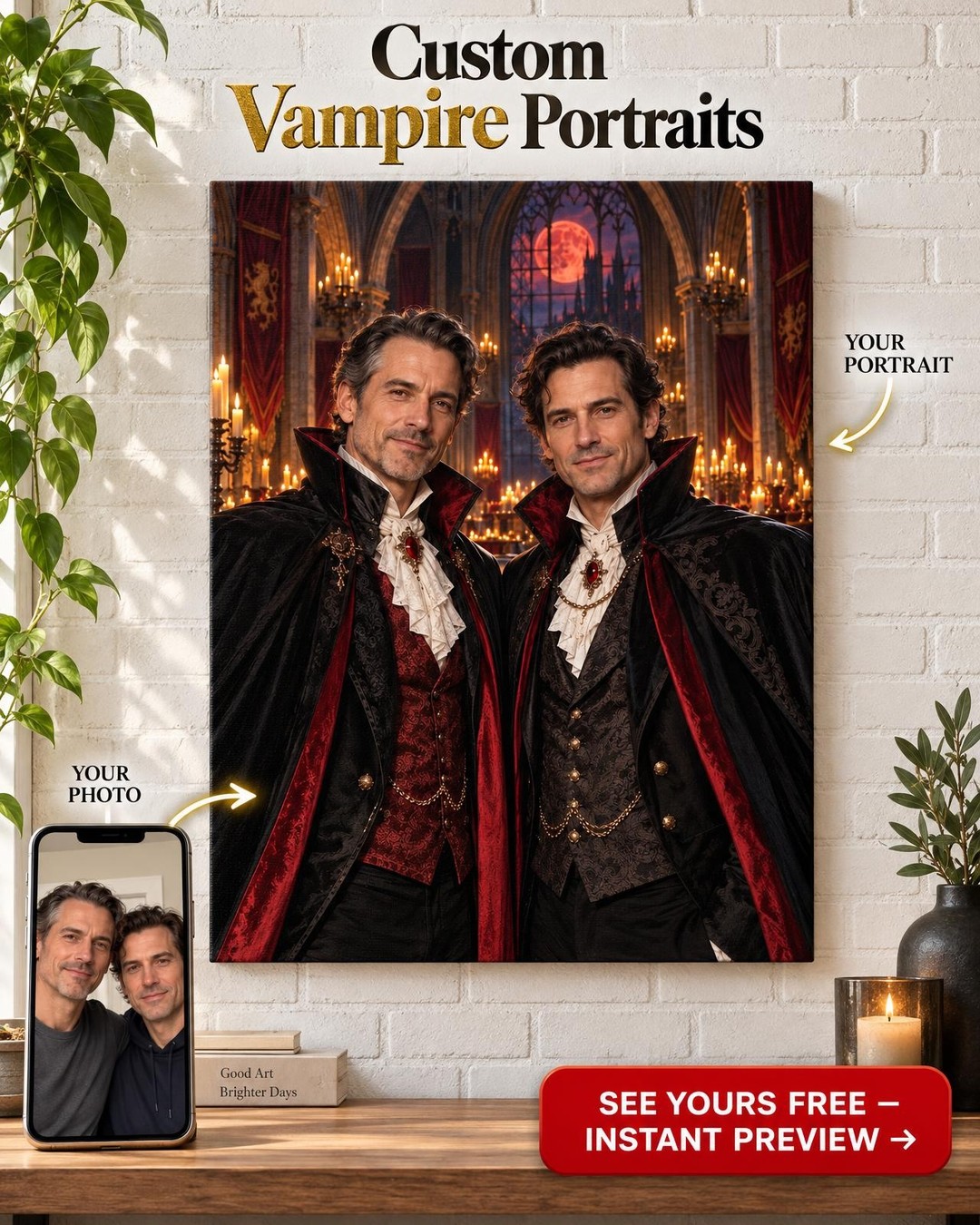 Vampire Castle Custom Portrait from Photo | Personalized Gift for Two Men