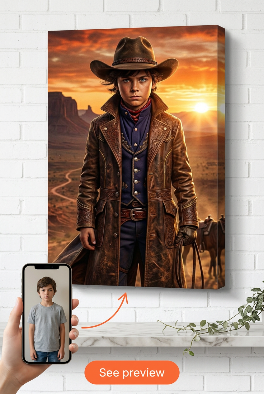 Custom Cowboy Portrait for Boys — Heroic Wild West Canvas from Photo