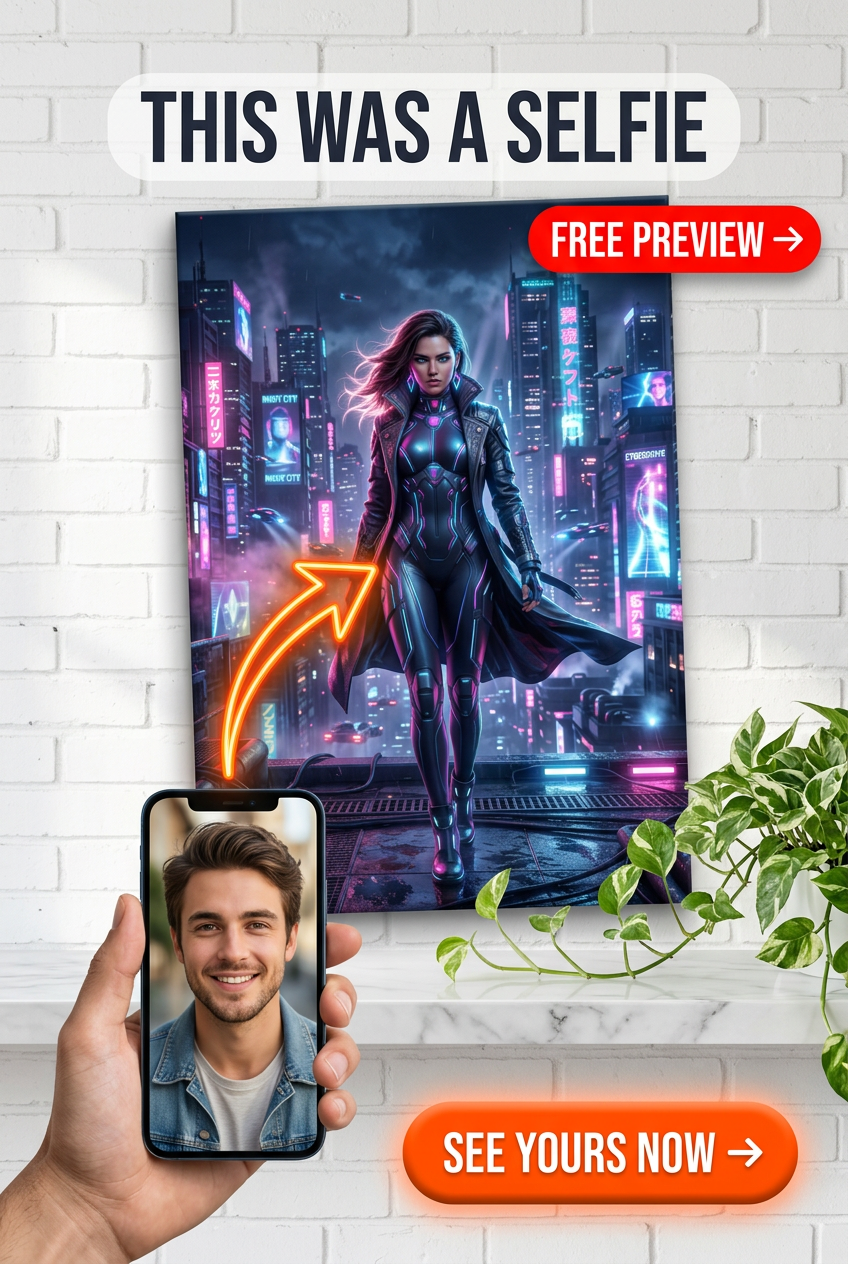Custom Cyberpunk Man Portrait — Heroic Neon Canvas for Woman