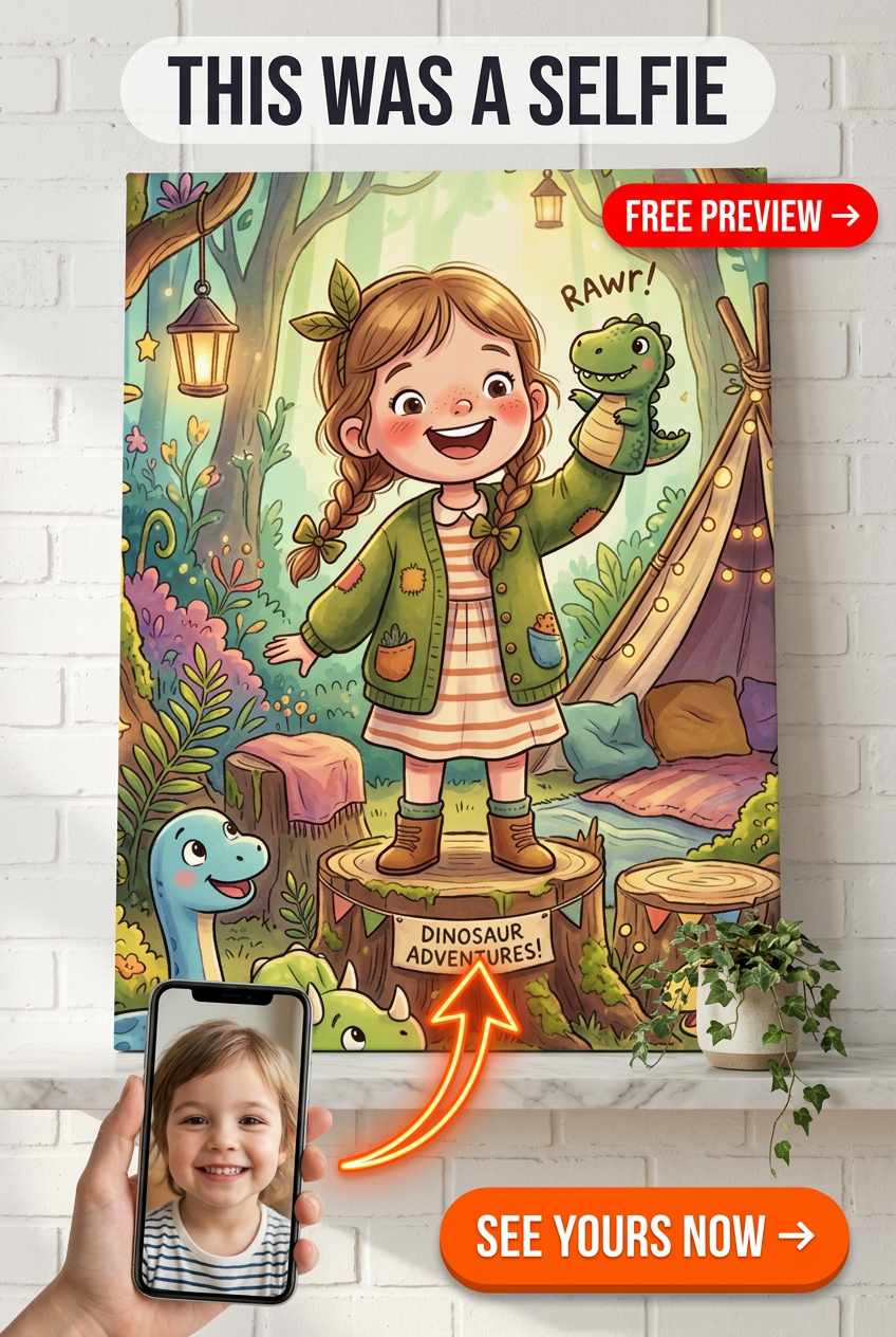 Custom Cartoon Girl Portrait — Whimsical Dinosaur Adventure Canvas
