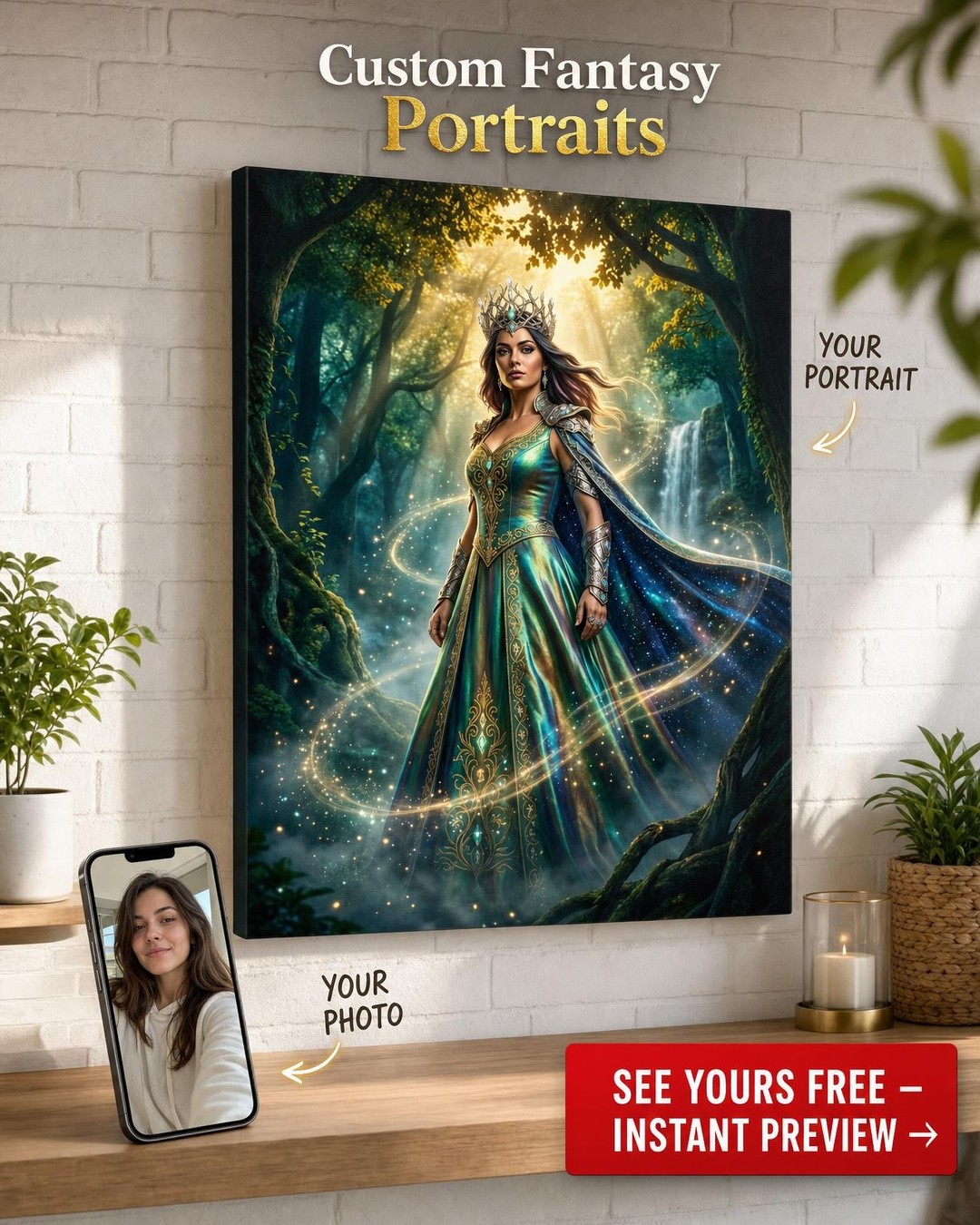 Custom Fantasy Woman Portrait — Heroic Crown & Throne Canvas