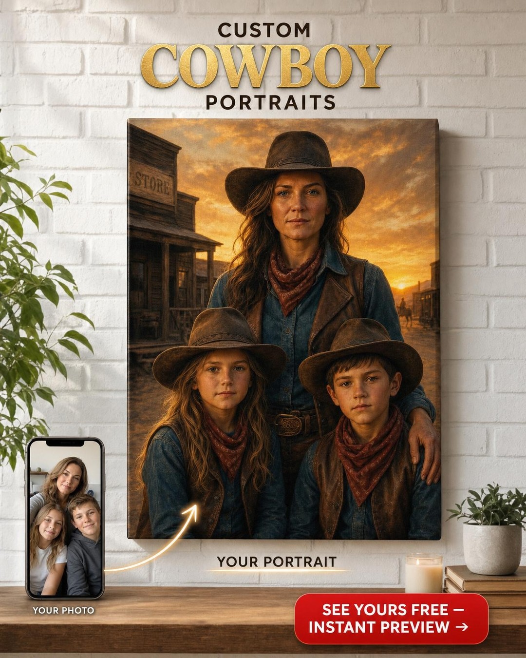 Custom Cowboy Family Portrait — Heroic Western Canvas from Photo