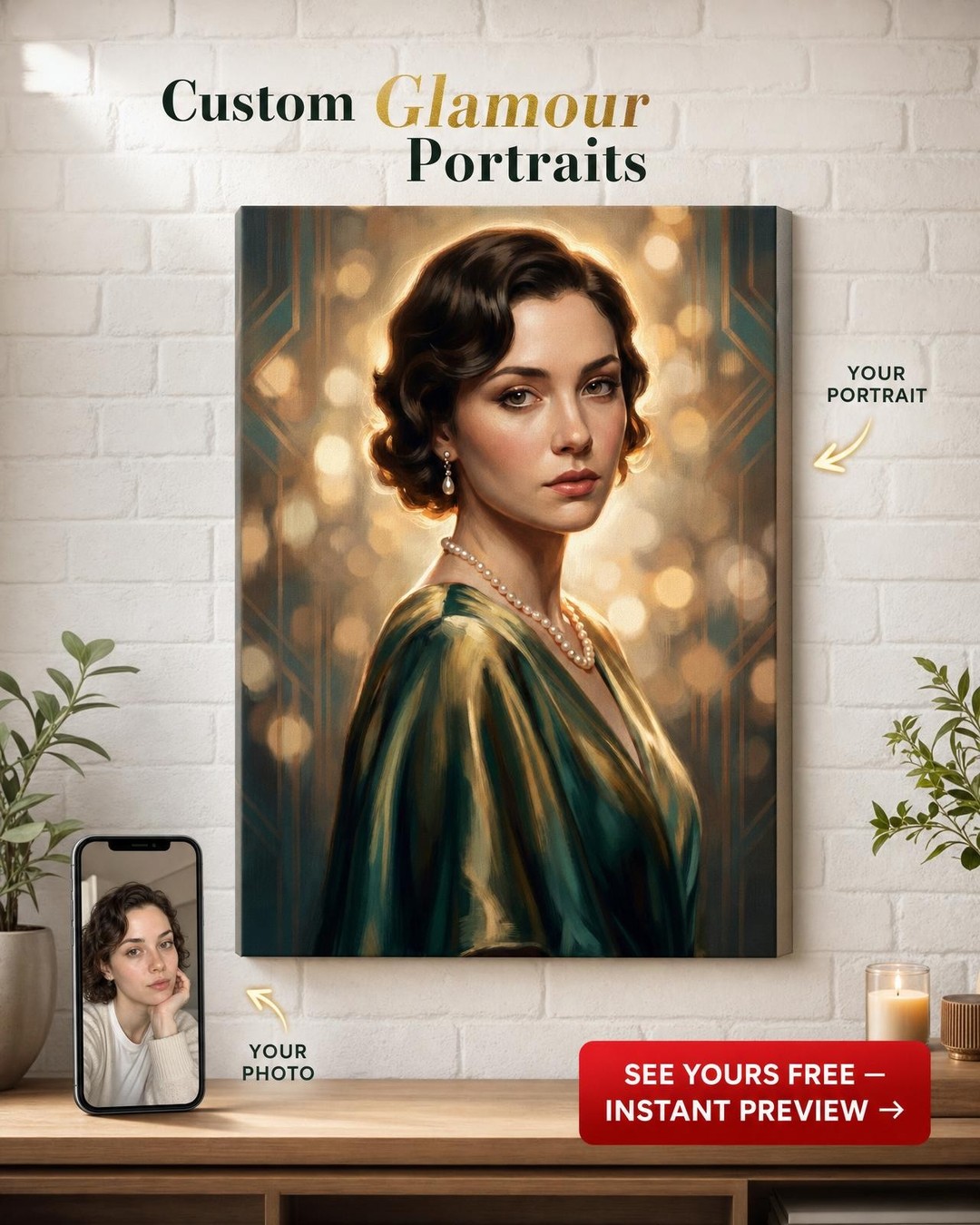 Custom Royal Woman Portrait — Regal Pearl Canvas Art from Photo