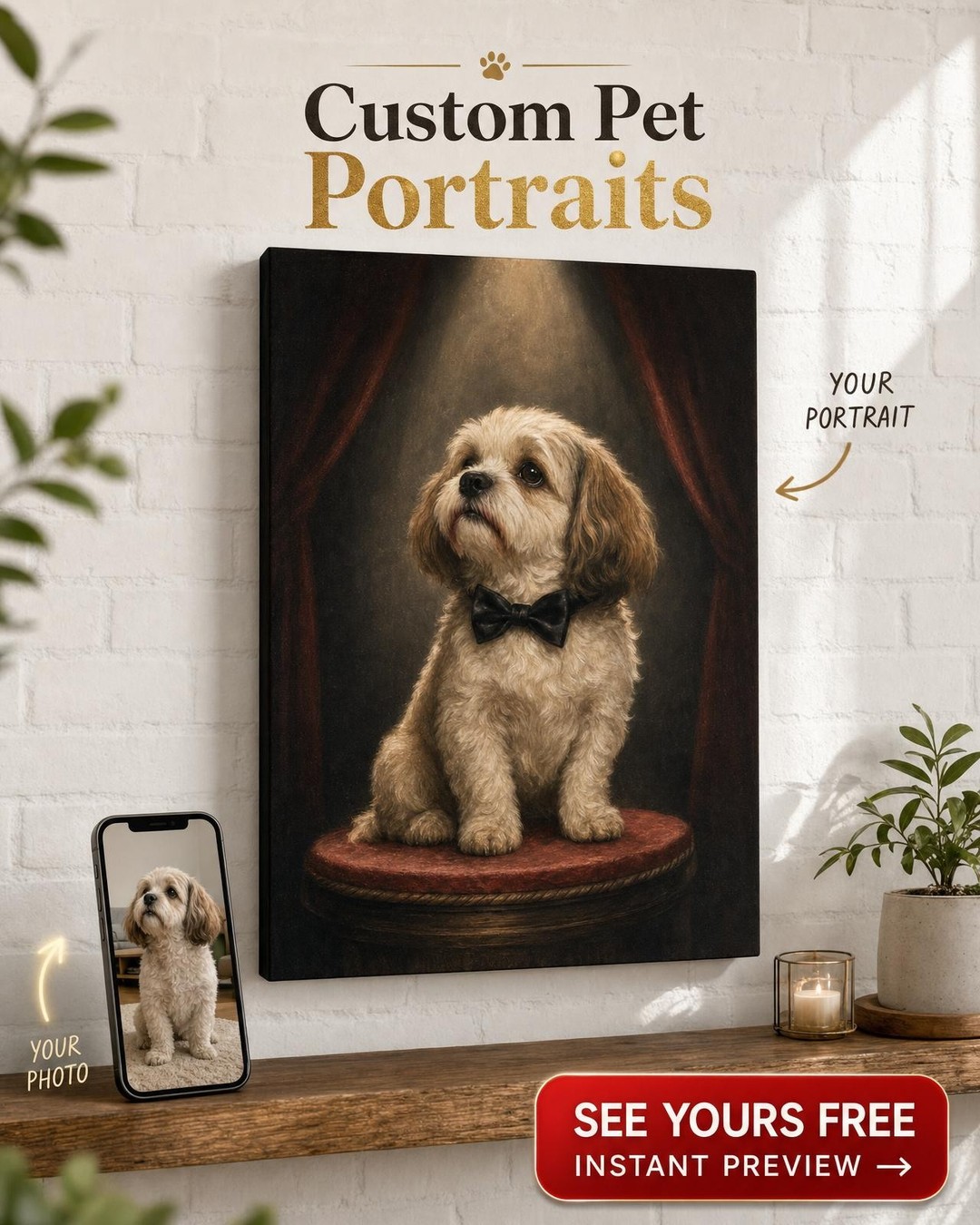 1940s Hollywood Tuxedo Stage Pet Portrait | Premium Canvas Portraits