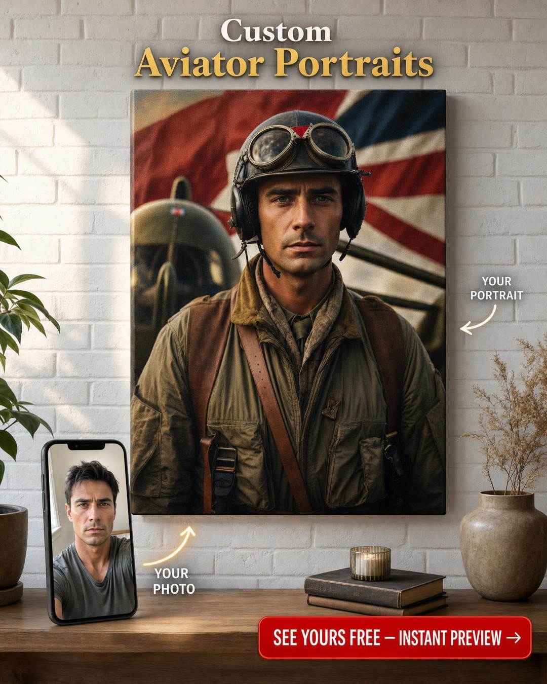 Heroic Pilot Portrait on Canvas | Custom Aviation Gift