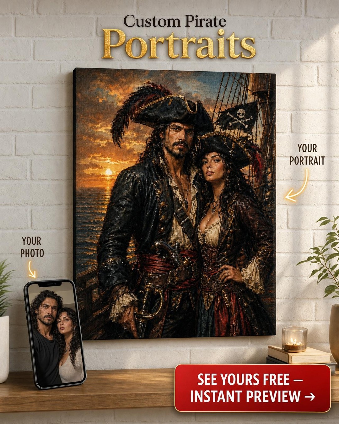 Custom Pirate Couple Portrait — Romantic Sunset Adventure