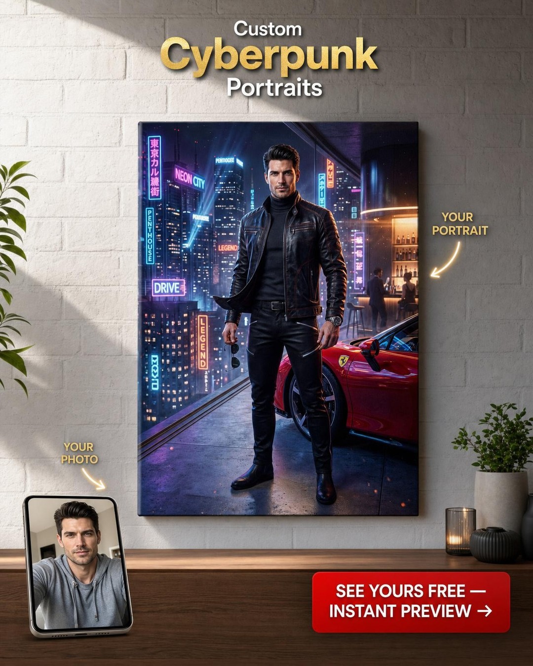 Custom Cyberpunk Man Portrait — Heroic Neon Cityscape Canvas