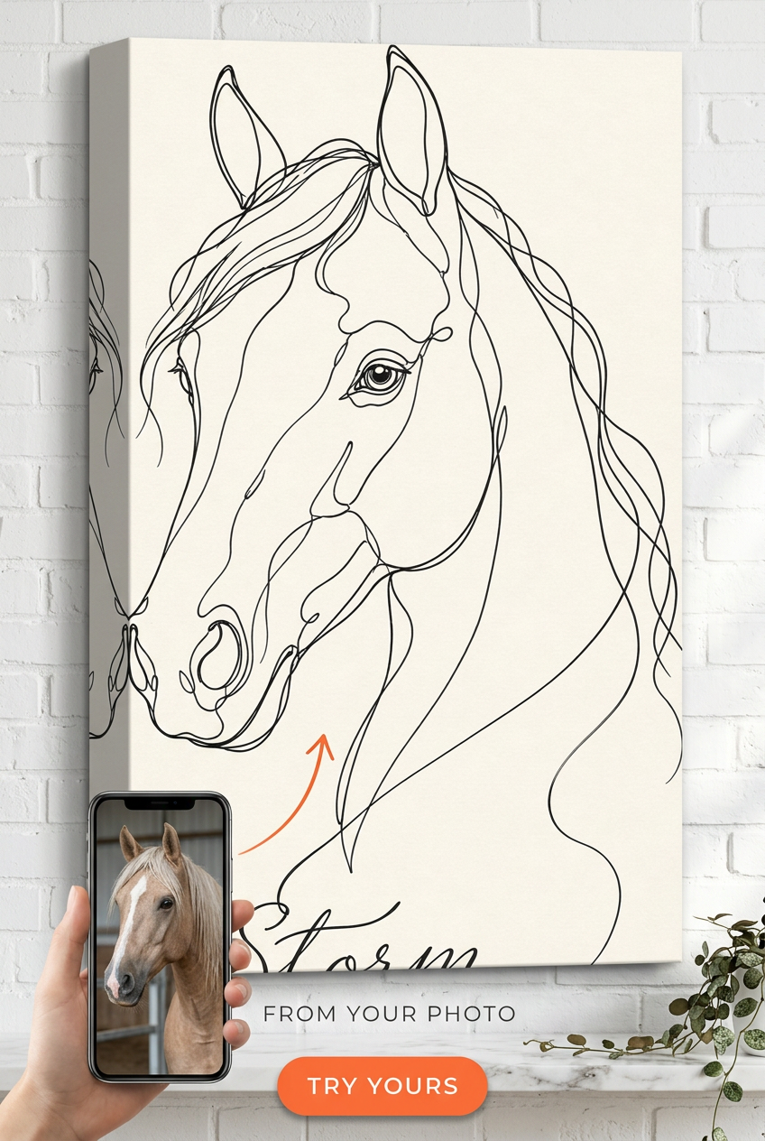 Custom Line Drawing Pet Portrait — Serene Horse Canvas from Photo