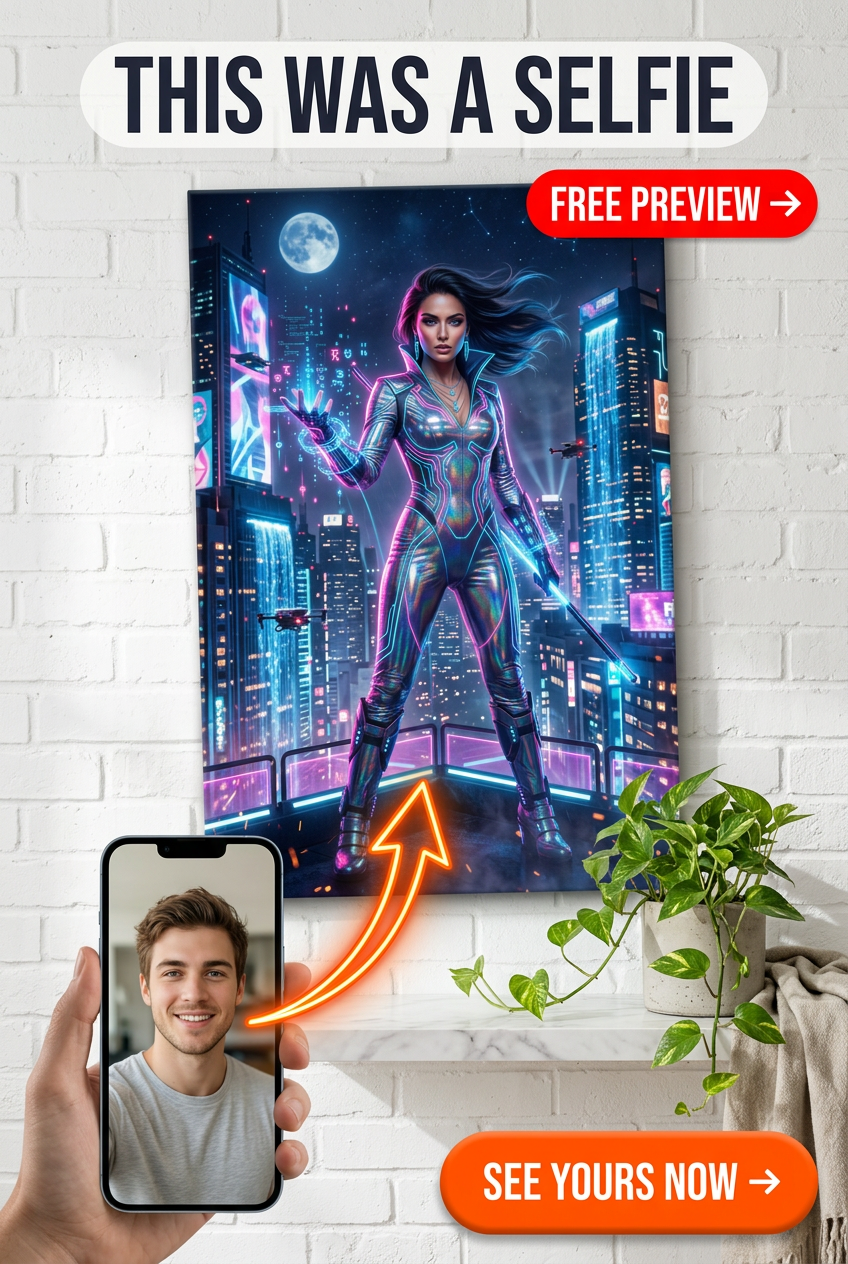 Custom Cyberpunk Single-Man Portrait — Heroic Neon Warrior Canvas