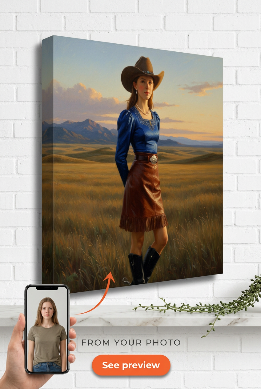 Custom Cowboy Woman Portrait — Regal Western Canvas from Photo