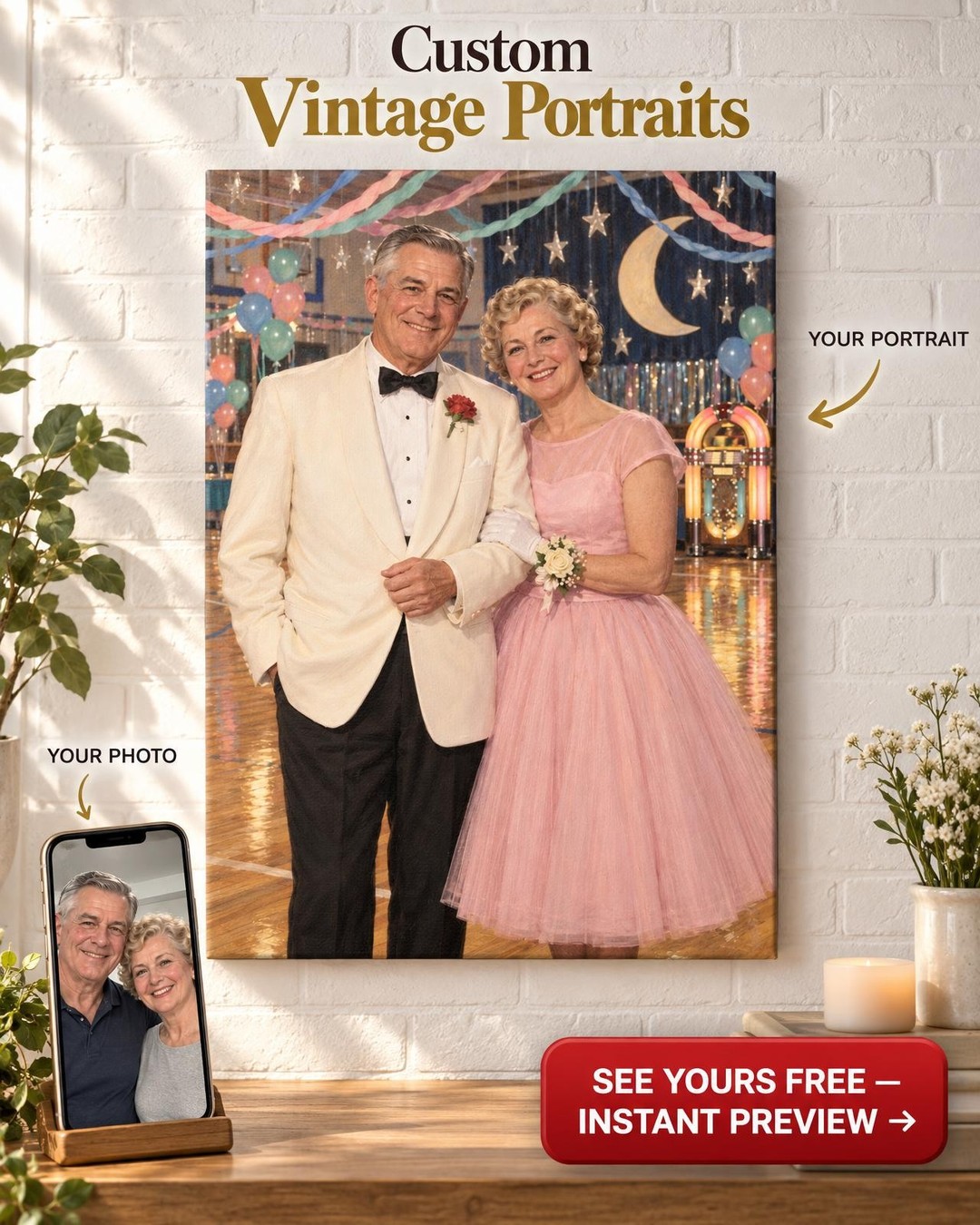 1950s Sock Hop Prom Couple Custom Portrait from Photo | Personalized Prom Portrait Gift