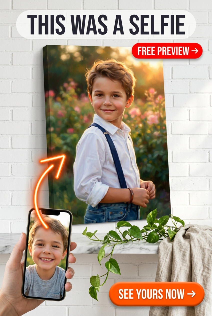 Custom Garden Boy Portrait — Whimsical Flowers & Suspenders Canvas