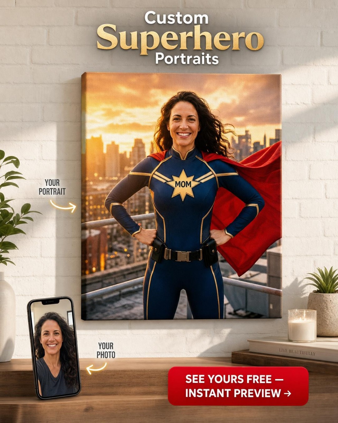 Custom Superhero Woman Portrait – Her Heroic Canvas