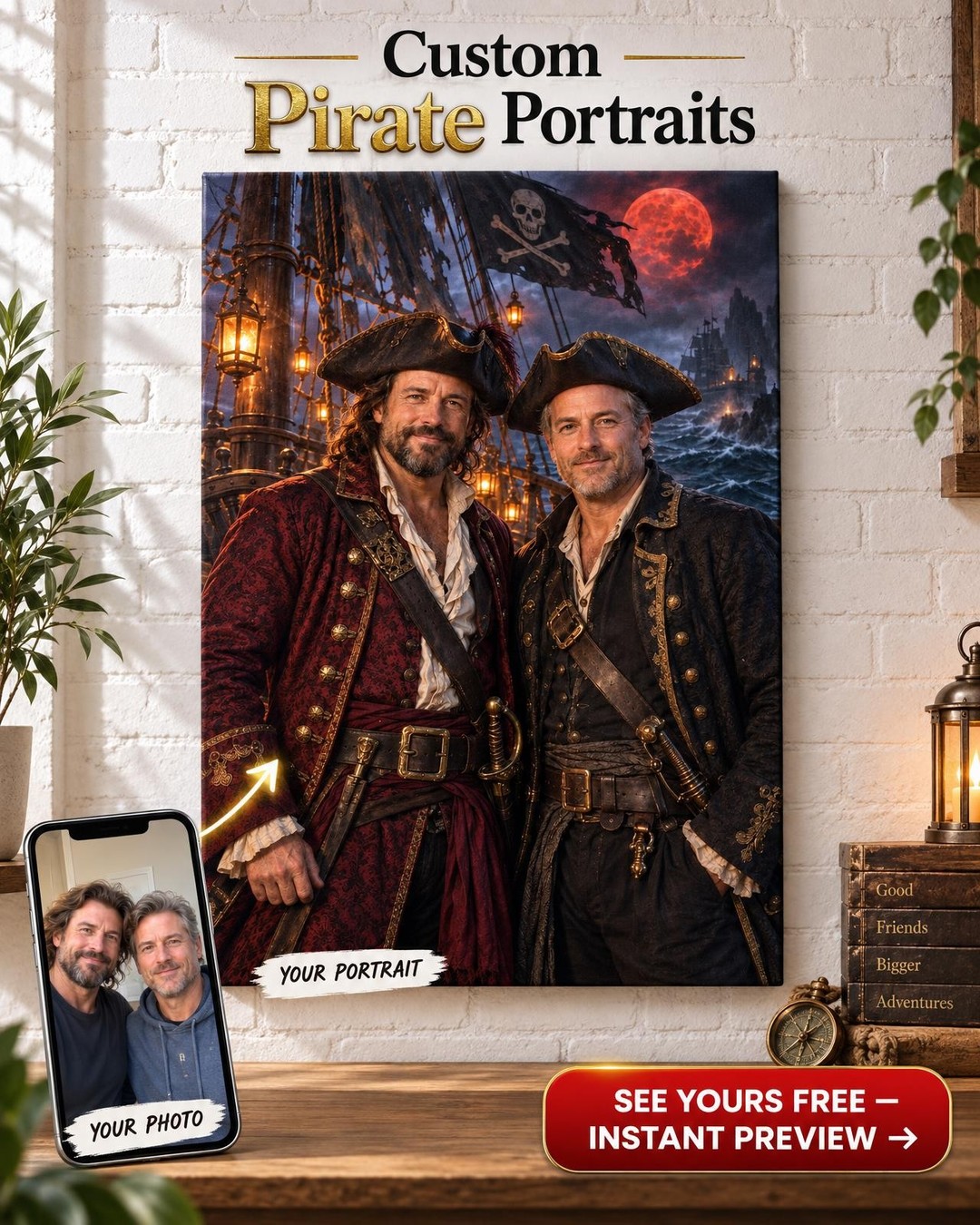 Ghost Pirate Ship Custom Portrait from Photo | Personalized Gift for Two Men