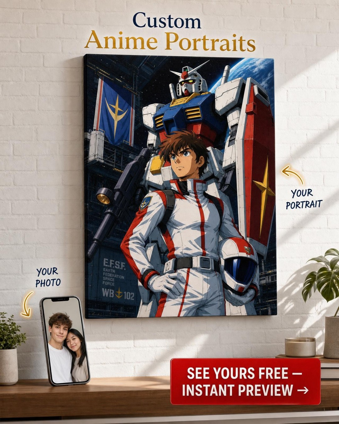 Custom Anime Mecha Pilot Portrait — AI-regenerated portrait, fresh per order