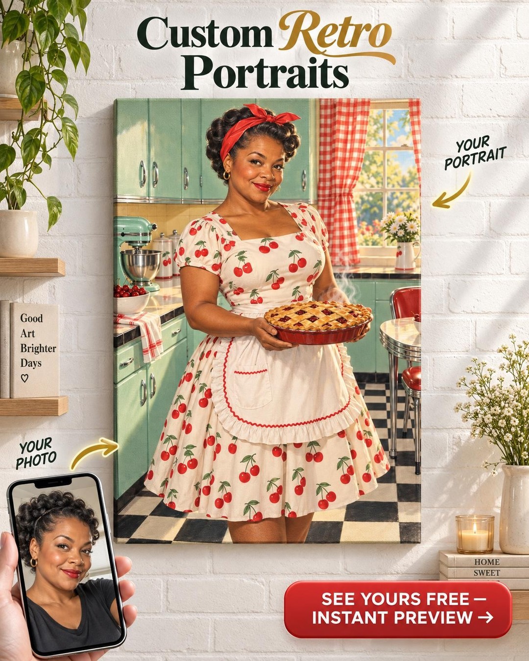 Cherry Pie Sweetheart Custom Portrait from Photo | Personalized Rockabilly Portrait Gift