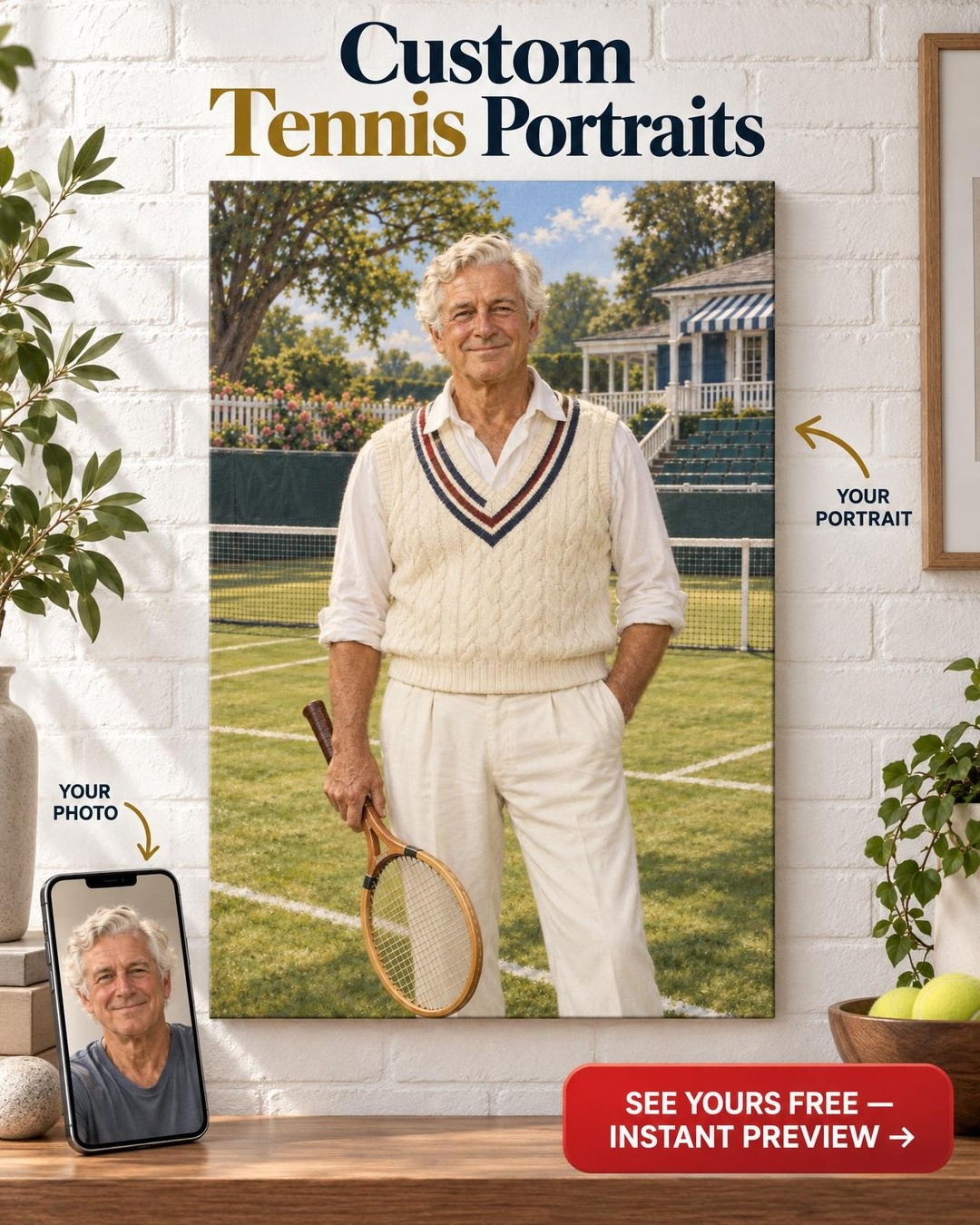Classic Tennis Club Champion Custom Portrait from Photo | Personalized Tennis Portrait Gift