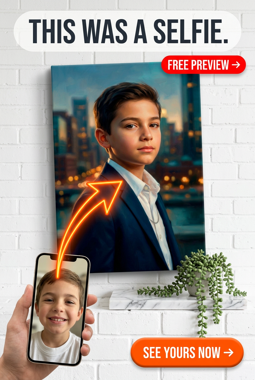 Custom Impressionist Boy Portrait — Serene City Skyline Canvas