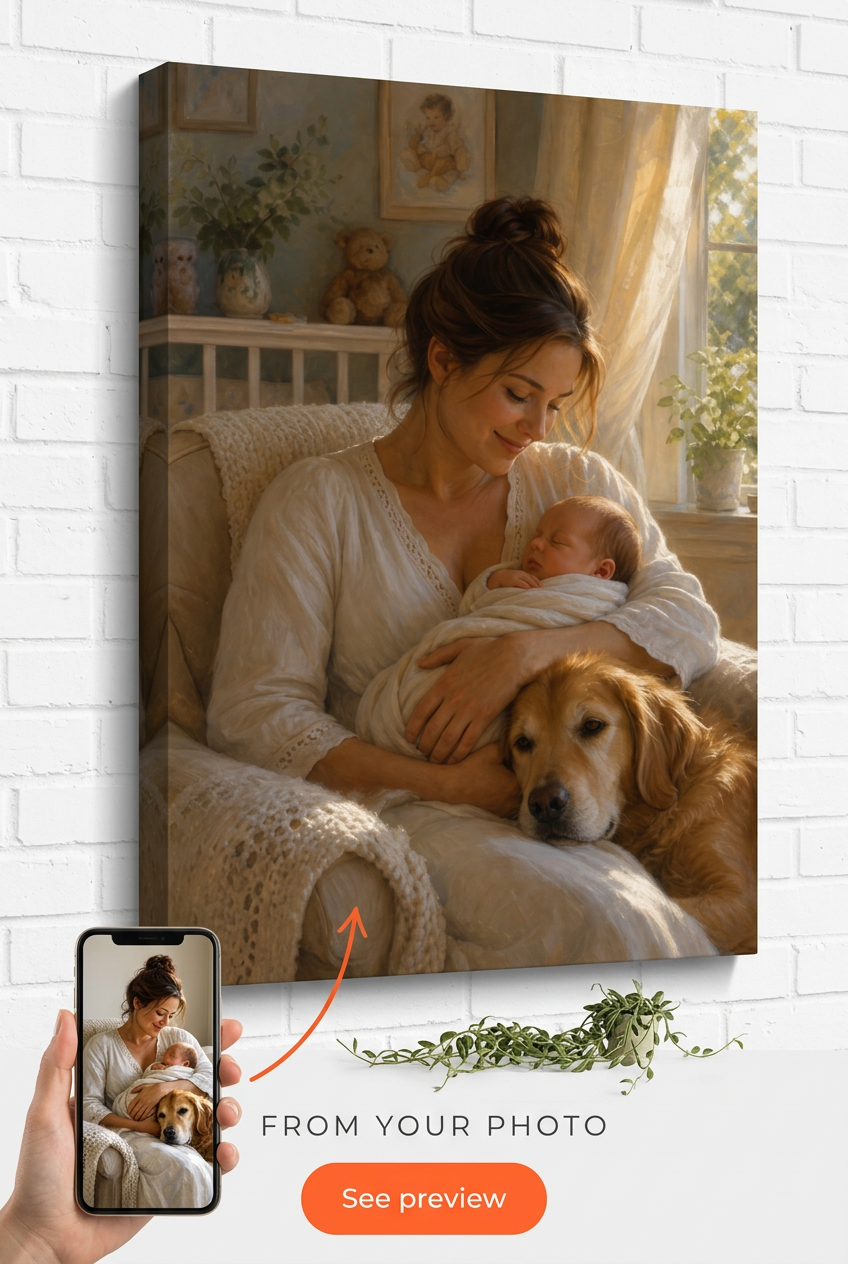 New Mom, Baby & Pet Family Canvas Custom Portrait from Photo | Personalized Undefined Gift